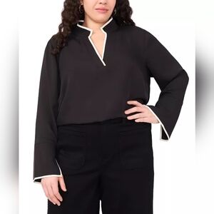 $99 Vince Camuto Plus Size V-Neck Contrast Trim Tunic Top Black Size 3X